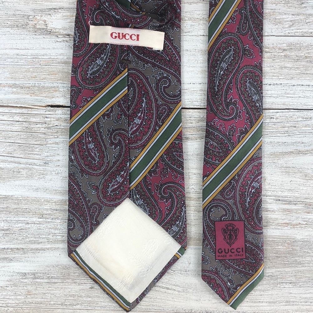 Vintage Gucci Maroon Gray Skinny Silk Tie Italy - Picture 7 of 8